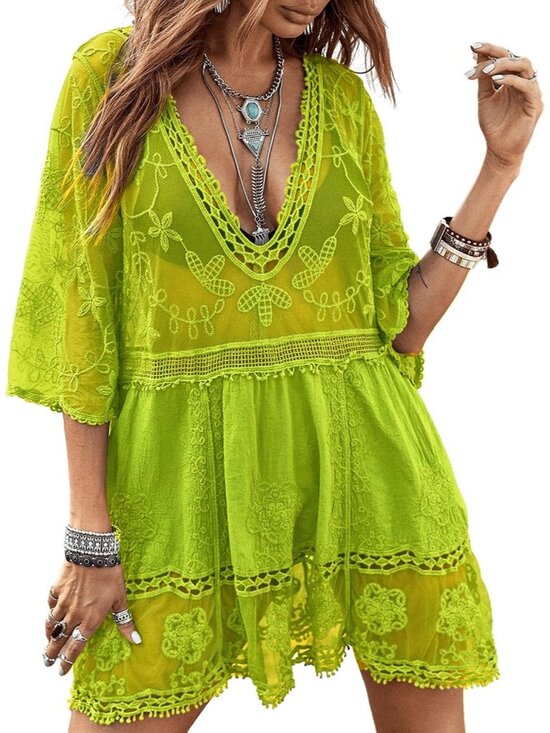 Other - Womens Fluorescent Green Rayon V-Neck Coverup Lace Bathing Suit Swimsuit Coverup